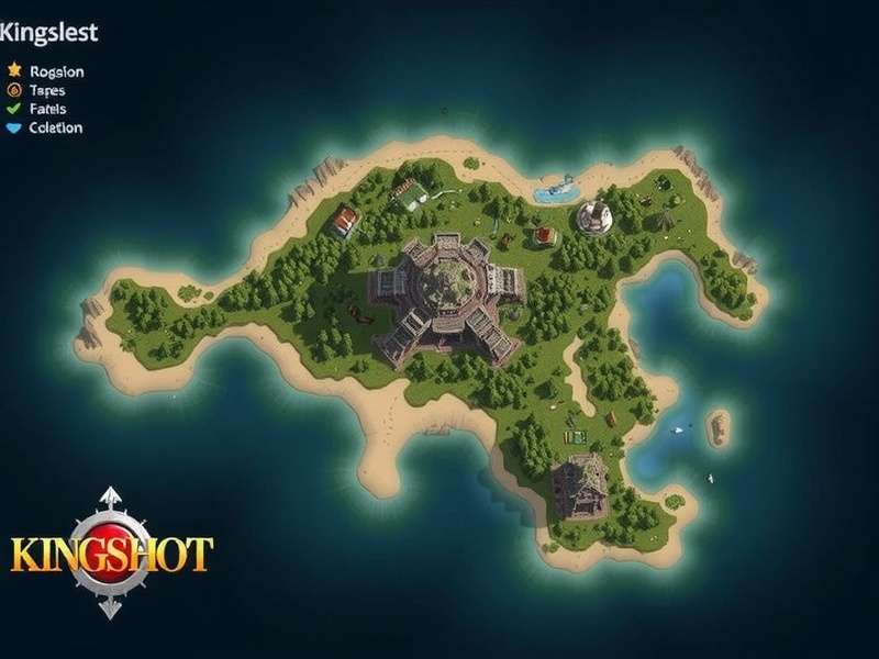 Detailed topographical map of Kingshot Island showing zones, resources, and points of interest