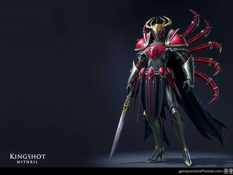 Kingshot Mithril Armor in-game showcase with glowing silver-blue runes and heavy plate design